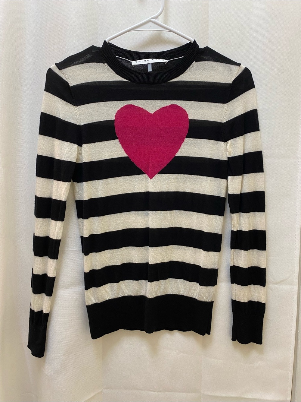 Trina Turk Black and White Striped Sweater with Fuchsia Heart